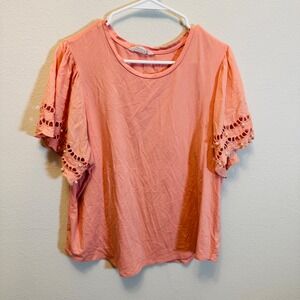 Kiss & Fly Women's 1X‎ Coral Pink Pearl Embellished Flutter Sleeve Top